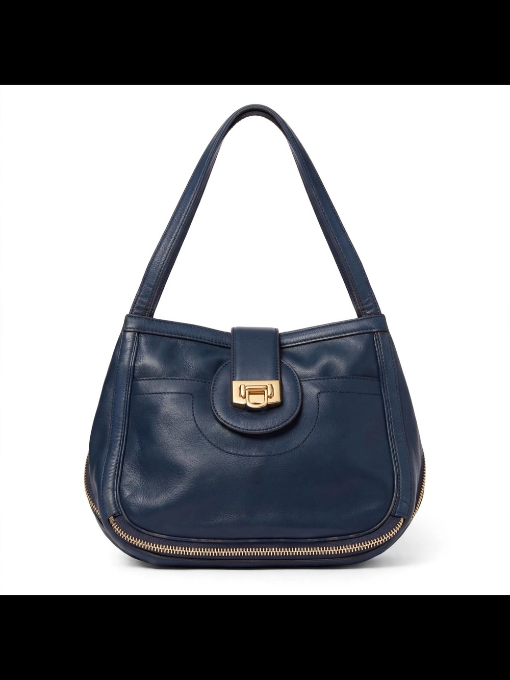 Tory Burch Navy Leather Tote with Gold Logo Snap - Picture 2 of 11